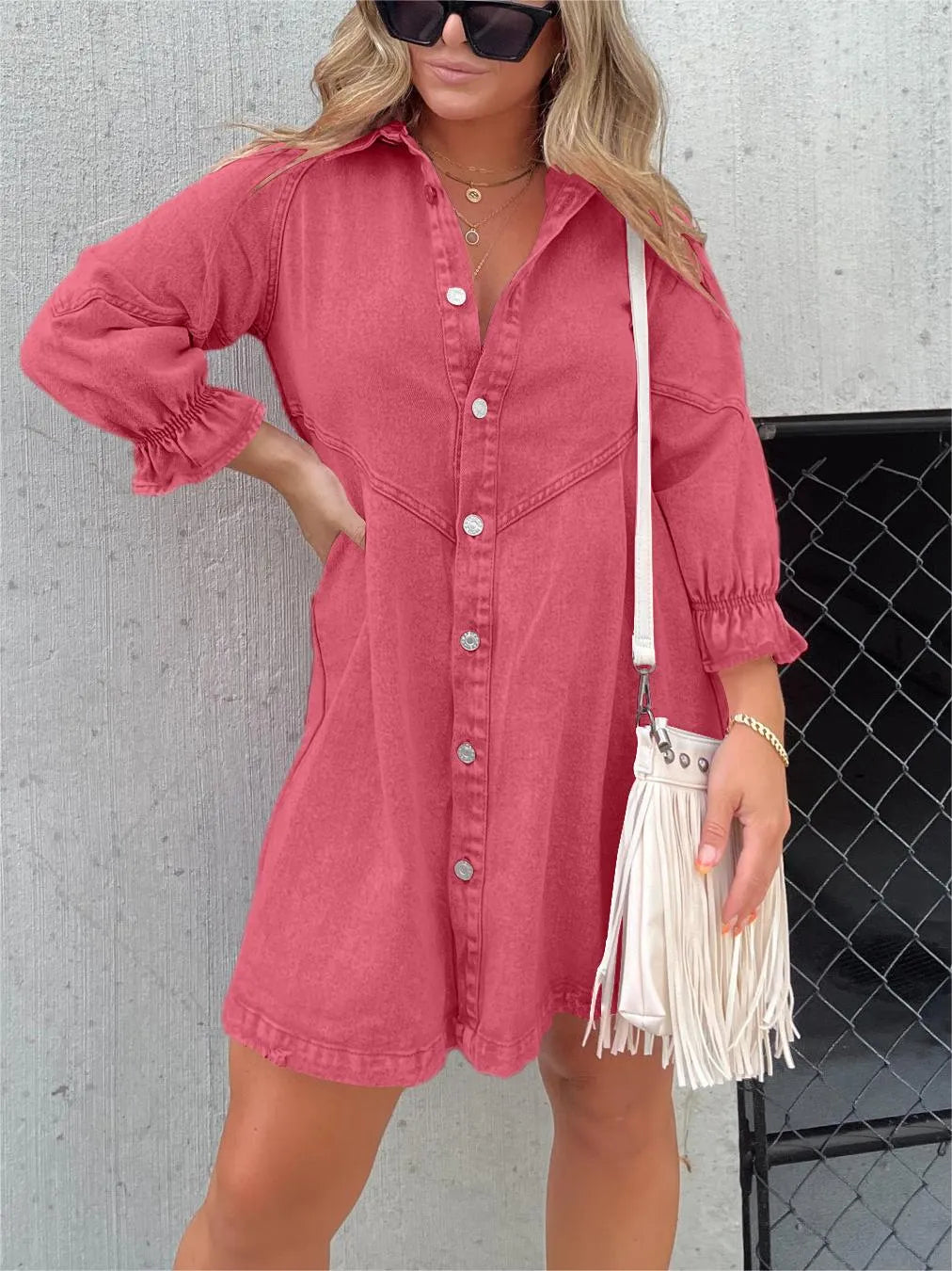 Lizzie - Trendy Denim Jurk met Pofmouwen voor de Lente