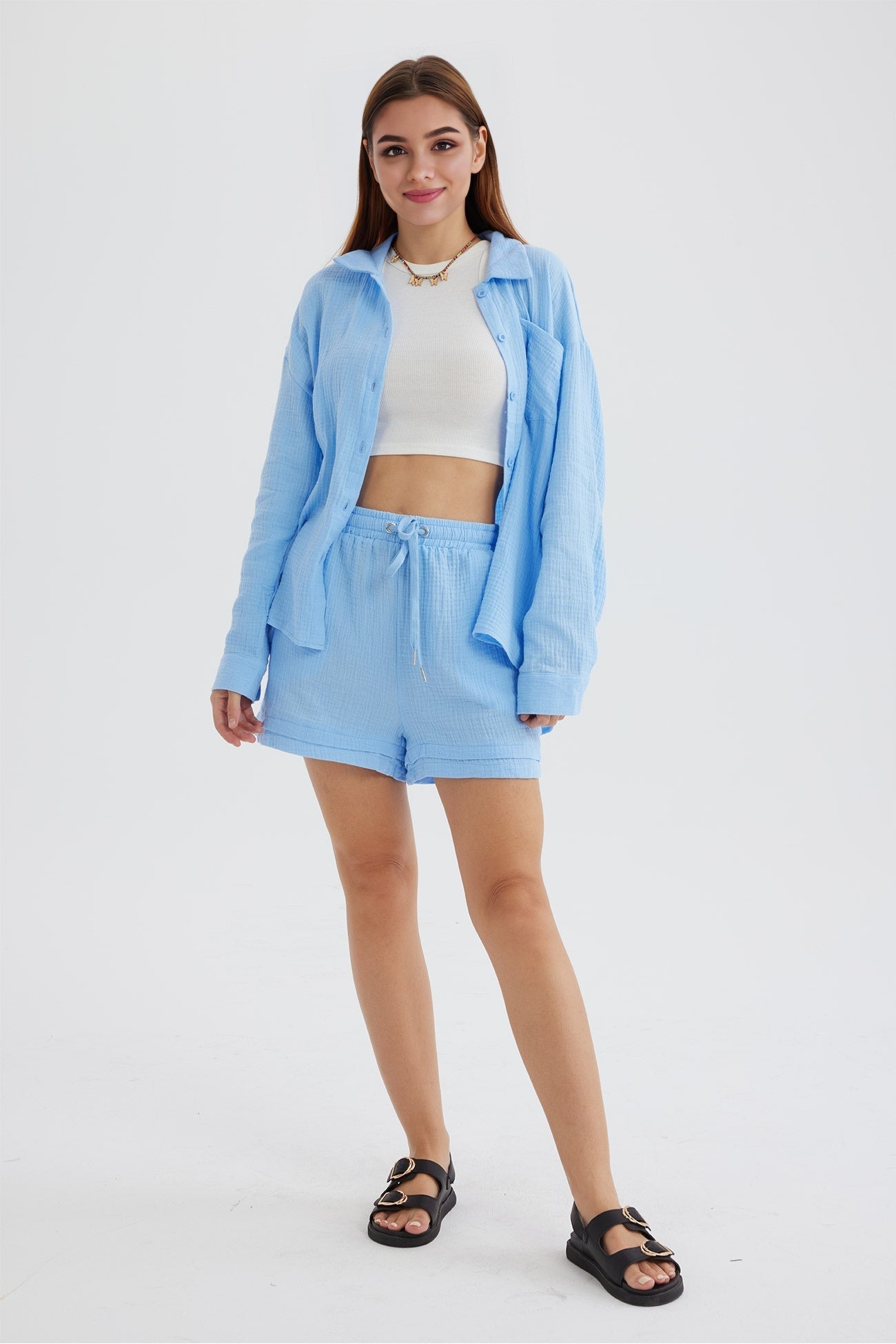 Joanna - Slank Langemouwen Shirt en Bijpassende Shorts