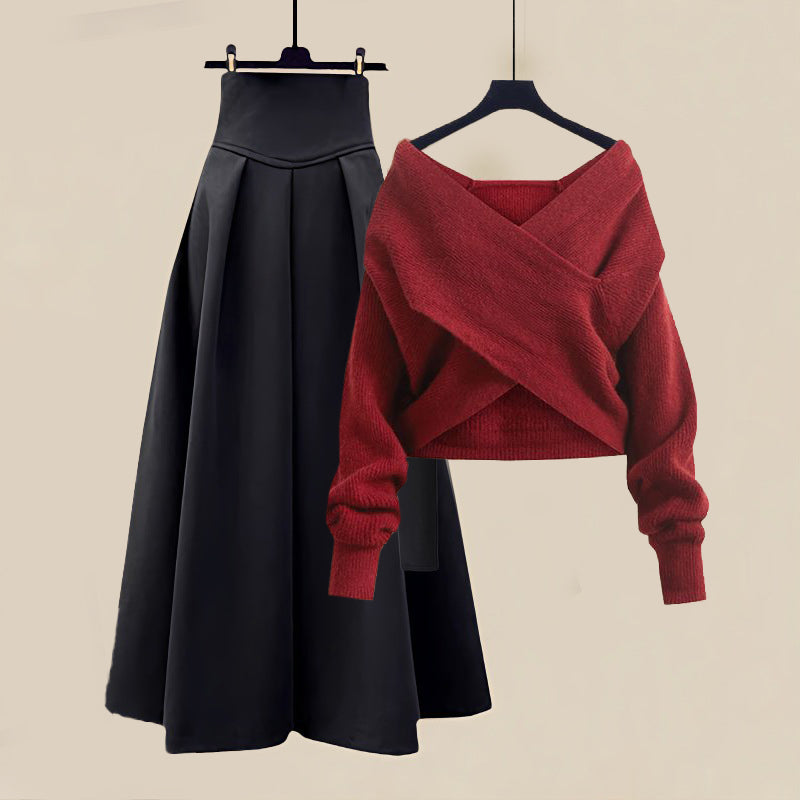 Quinta - Chique Herfst Cross Top Sweater en Rok Set voor Vrouwen