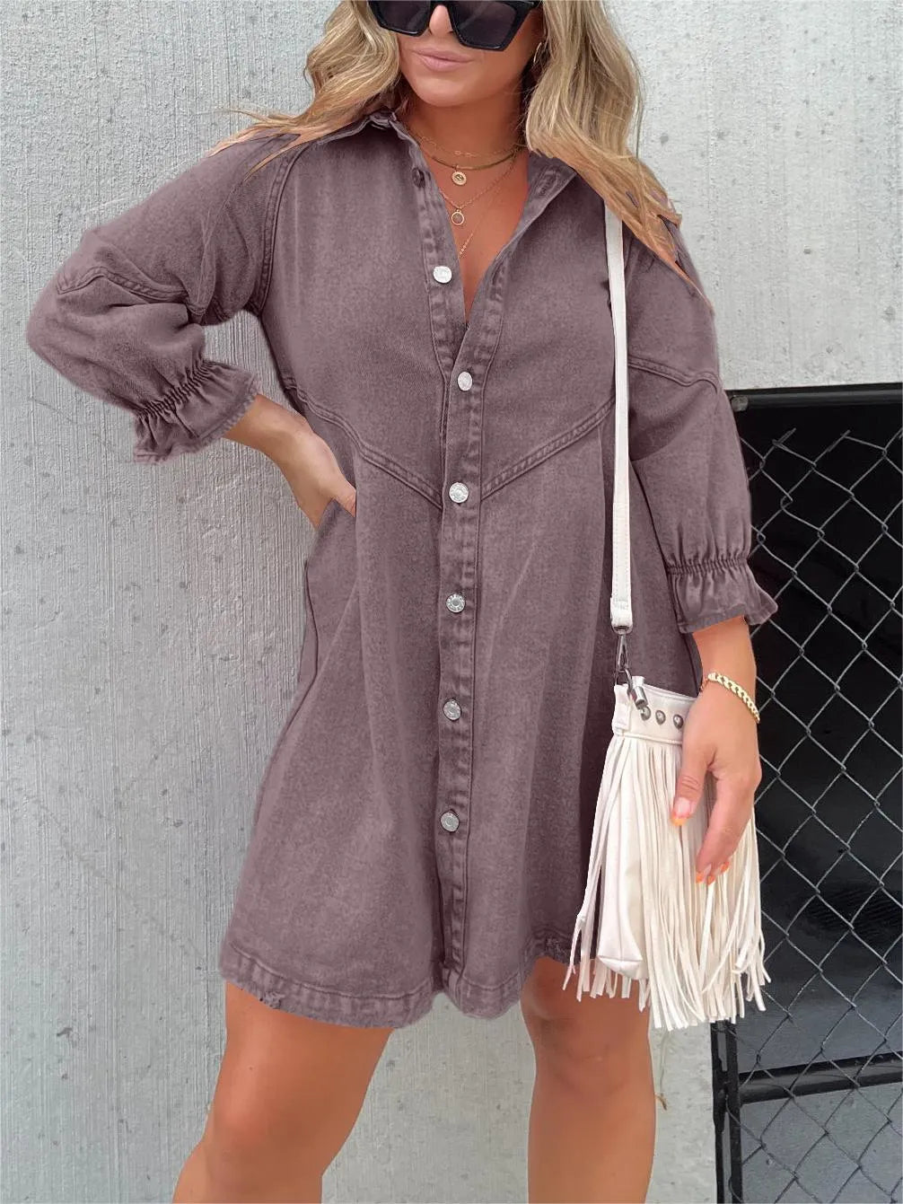 Lizzie - Trendy Denim Jurk met Pofmouwen voor de Lente