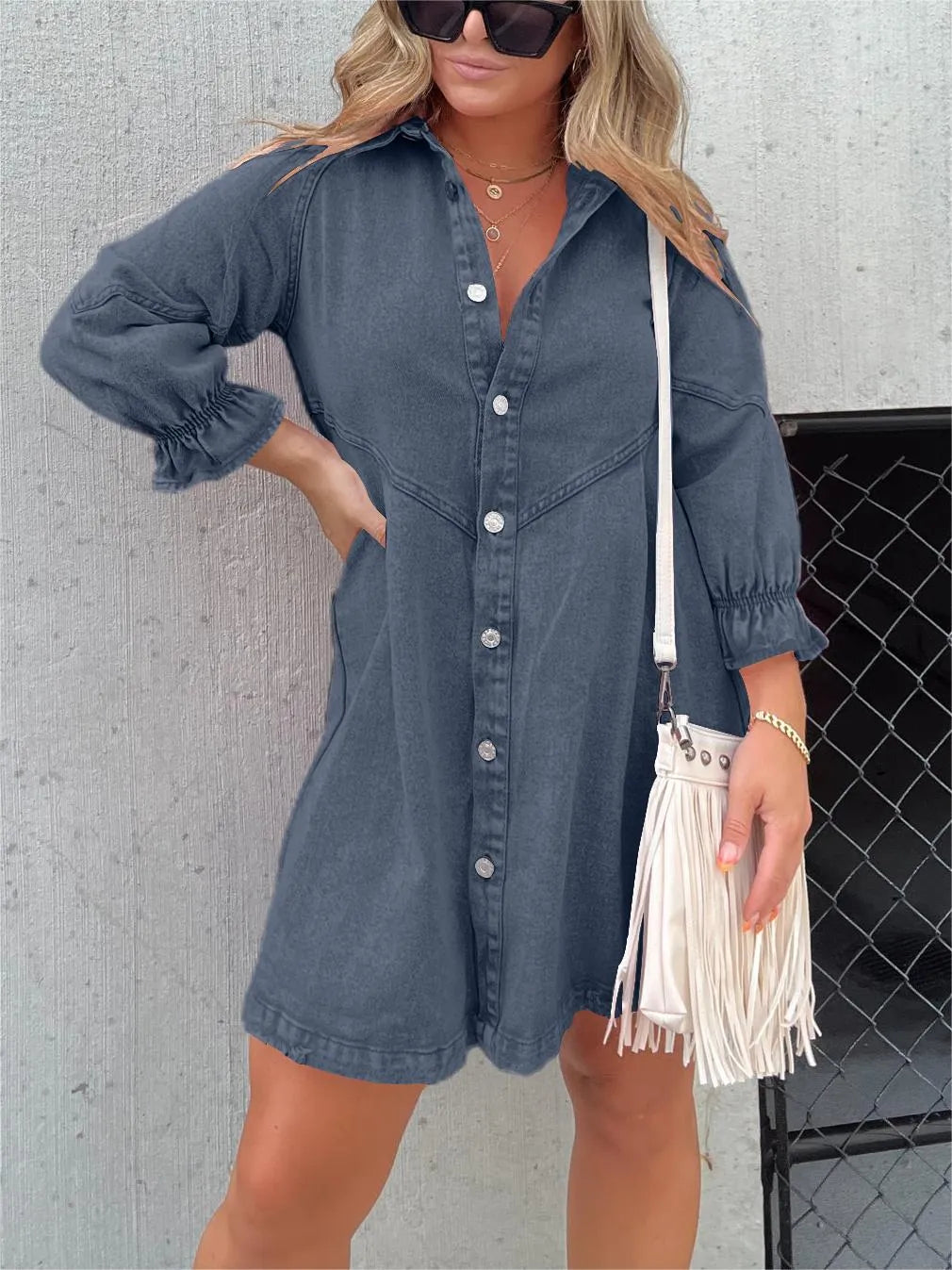 Lizzie - Trendy Denim Jurk met Pofmouwen voor de Lente