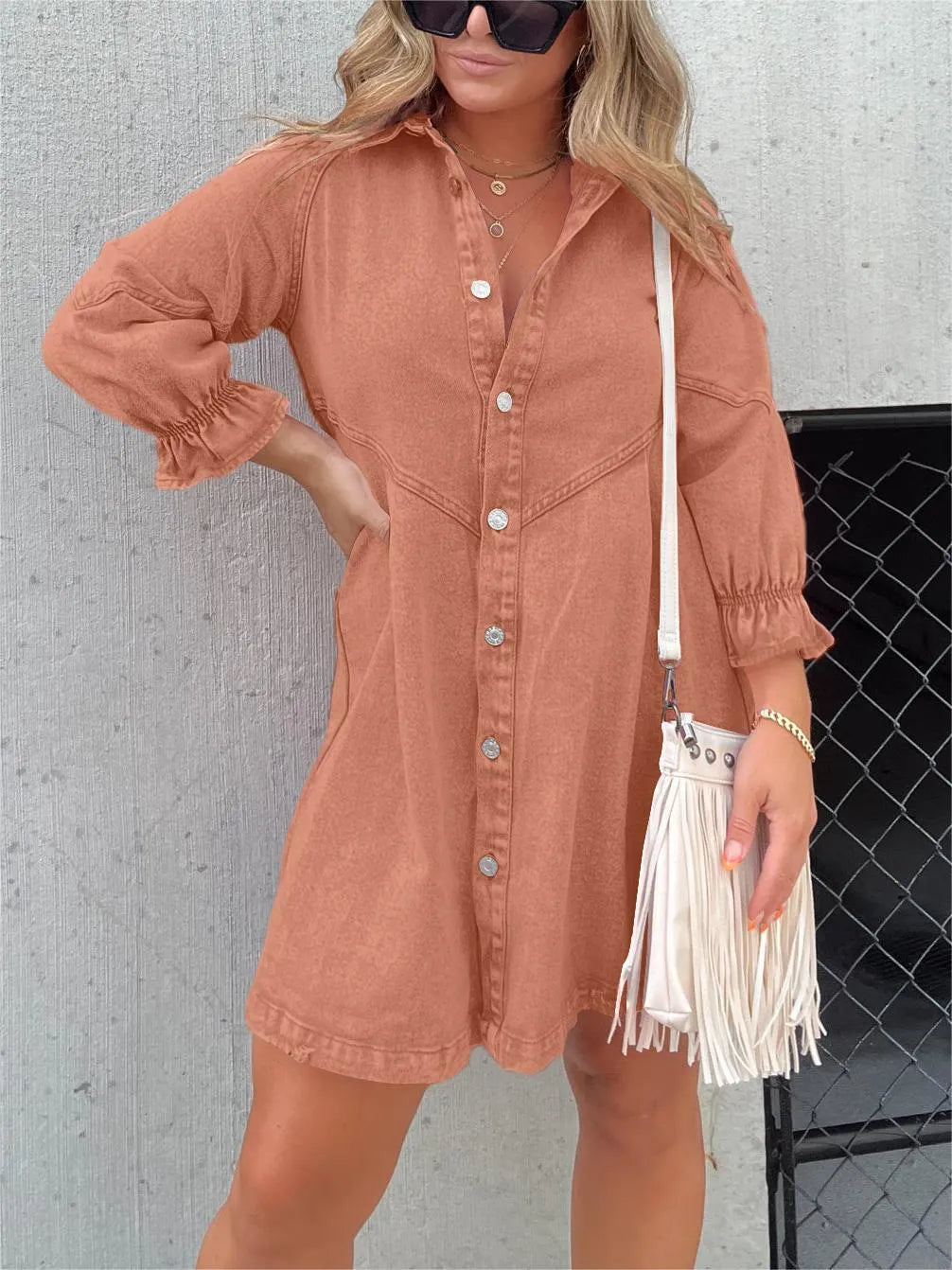 Lizzie - Trendy Denim Jurk met Pofmouwen voor de Lente