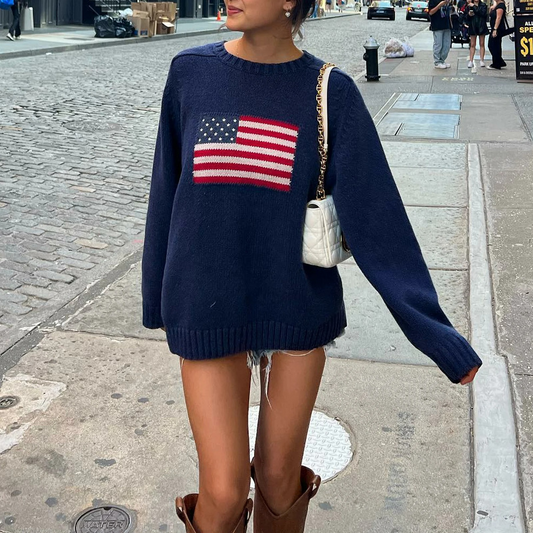 Hope - Streetwear Herfst Gebreide Trui met Amerikaanse Vlag voor Vrouwen