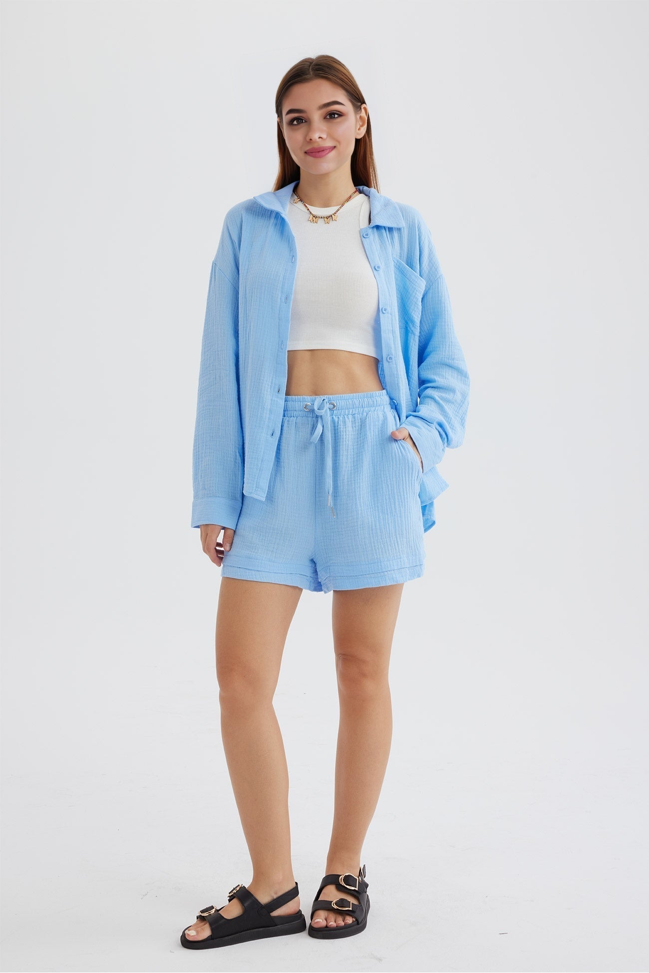 Joanna - Slank Langemouwen Shirt en Bijpassende Shorts