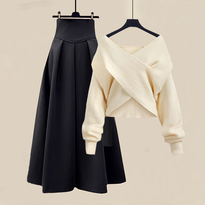 Quinta - Chique Herfst Cross Top Sweater en Rok Set voor Vrouwen