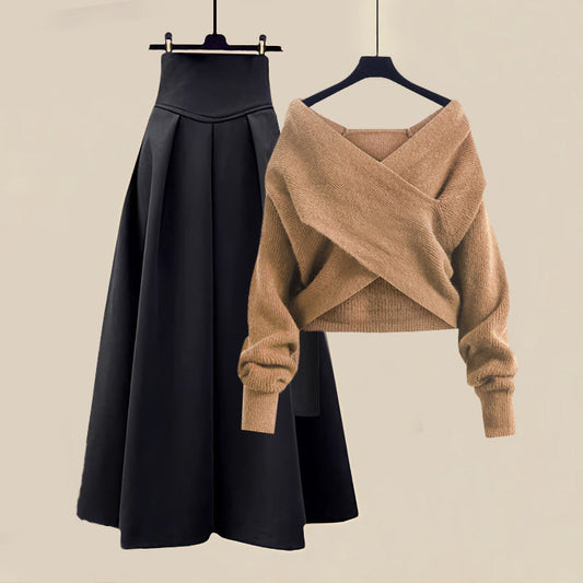 Quinta - Chique Herfst Cross Top Sweater en Rok Set voor Vrouwen
