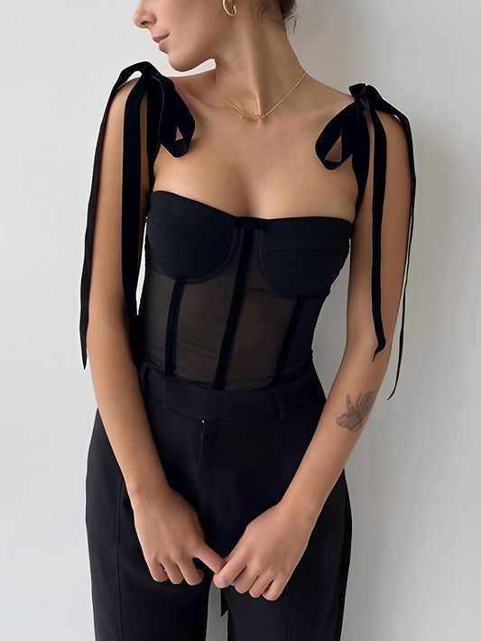Lena - Elegante Zwarte Mesh Corset Top voor Vrouwen