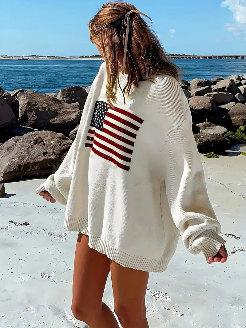 Noorje - Amerikaanse Vlag Patroon Crew Hals Lange Trui
