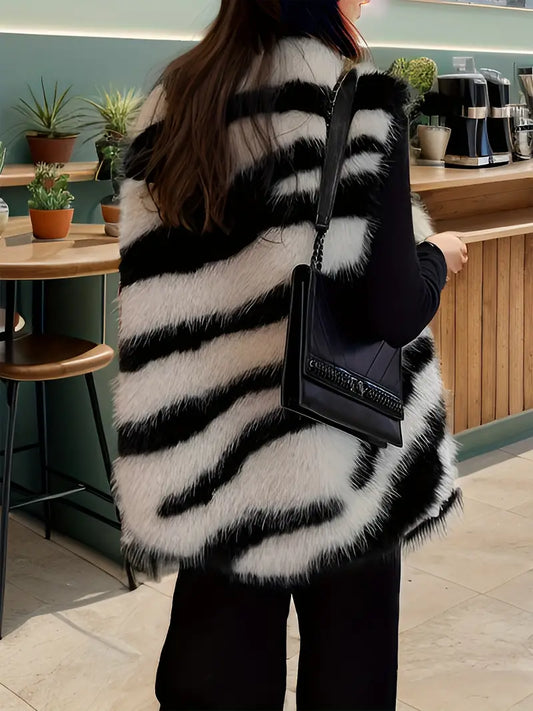 Tess - Elegant Gestreept Damesvest Van Imitatiebont